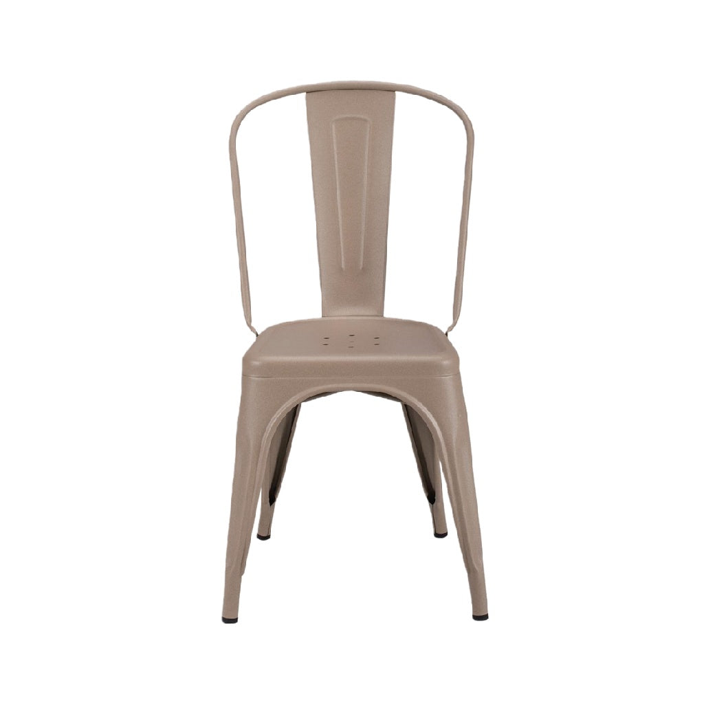 Silla de comedor metálica industrial color beige con respaldo