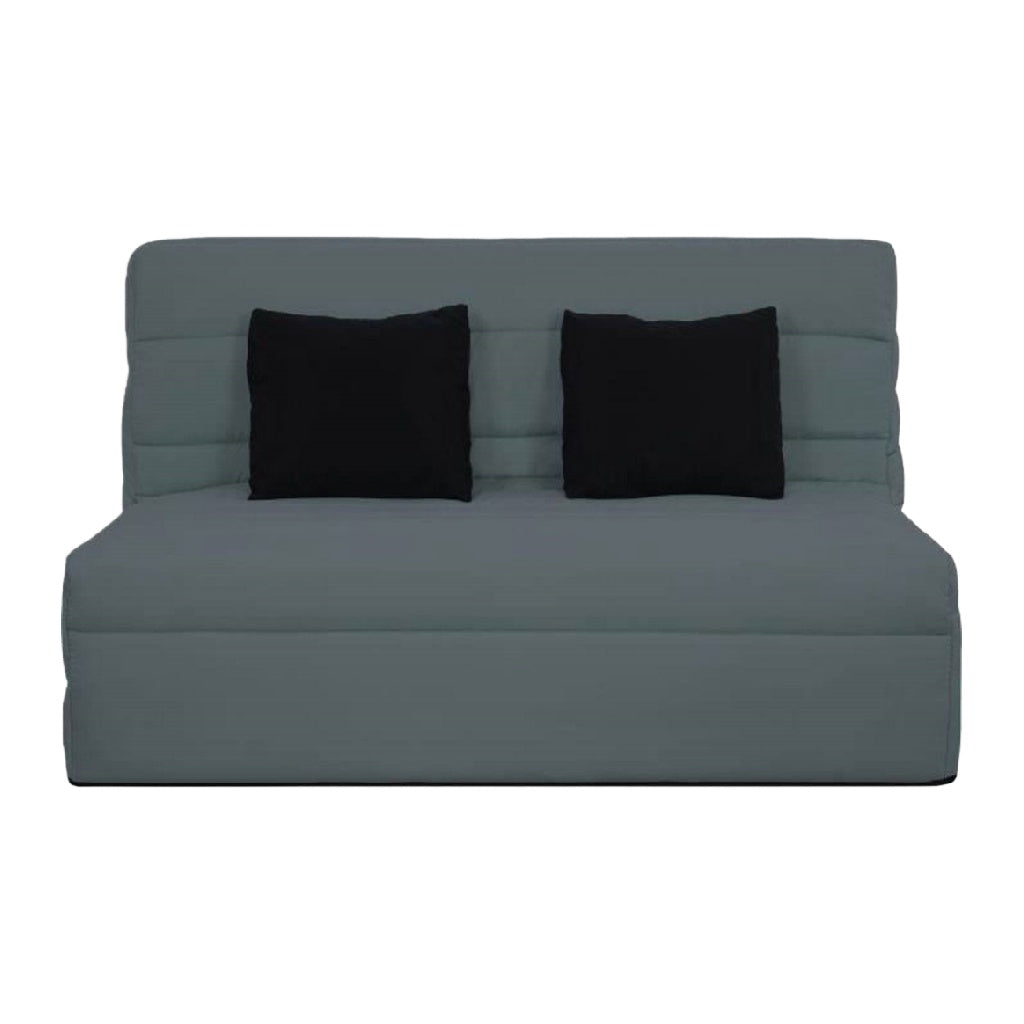 Sofá cama compacto tapizado en tela azul gris con cojines