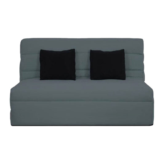Sofá cama compacto tapizado en tela azul gris con cojines