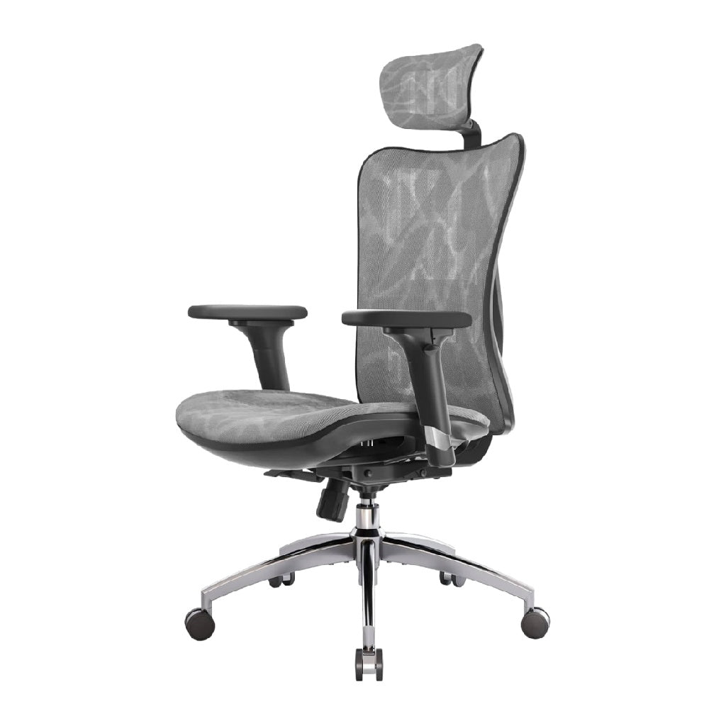 Silla de oficina ergonómica con respaldo de malla gris y reposacabezas