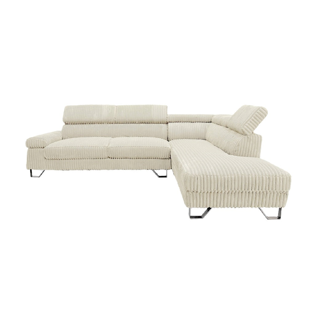 Sofá seccional con chaise longue tapizado en pana crema